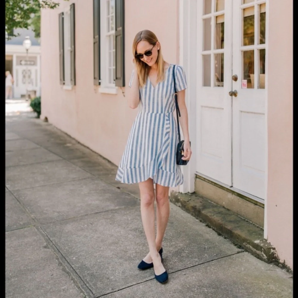 J. Crew Factory Blue and White Striped Faux Wrap Cotton Dress Size 6 - Picture 3 of 12